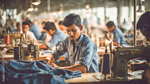 indian male group working on the sewing machine at textile factory. photo