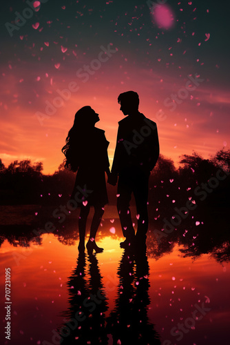 Dark silhouette of a couple standing by the water at sunset