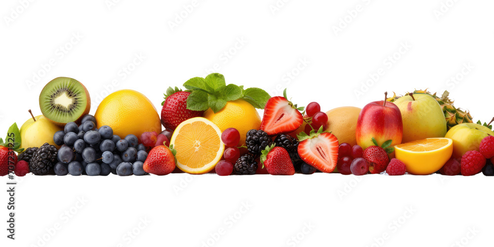 A heaped mountain with fresh fruit of many different varieties, white background, banner A heaped mountain with fresh fruit of many different varieties, white background, banner