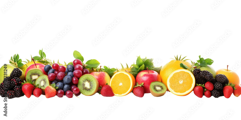 A heaped mountain with fresh fruit of many different varieties, white background, banner A heaped mountain with fresh fruit of many different varieties, white background, banner