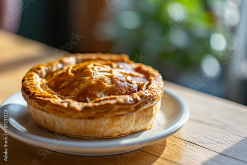 Traditional English pork meat pie on a plate on wooden kitchen table in sunlight