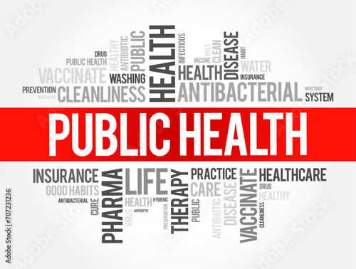 Public Health - science and art of preventing disease, prolonging life and promoting health through the organized efforts, text concept word cloud