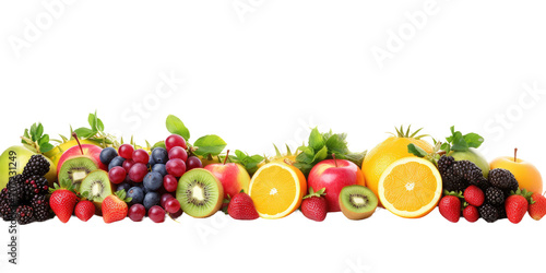 A heaped mountain with fresh fruit of many different varieties  white background  banner