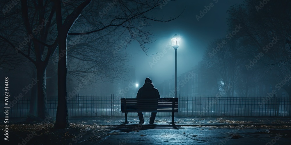  A lonely man sits on a bench at night surrounded by streetlights and fog, depression - obrazy, fototapety, plakaty 