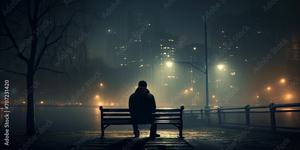Fototapeta premium A lonely man sits on a bench at night surrounded by streetlights and fog, depression