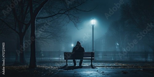 Fotografia A lonely man sits on a bench at night surrounded by streetlights and fog, depre