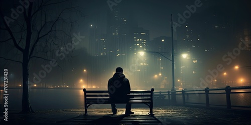  A lonely man sits on a bench at night surrounded by streetlights and fog, depression photo