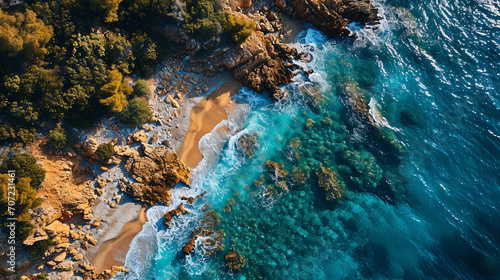 A breathtaking coastline with sand  stones and trees from a bird s eye view - drone photography