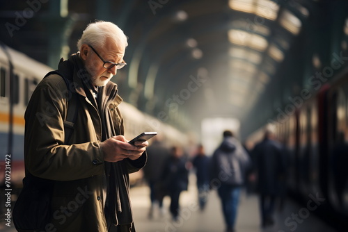 man use mobile phone on railway station, Generative AI