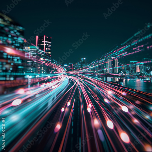 Explore the modern cityscape with an urban futurism style, capturing the vibrant city lights through night photography. Focus on skyscrapers and road