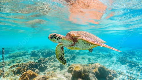 green sea turtle in the water with coral reef below it