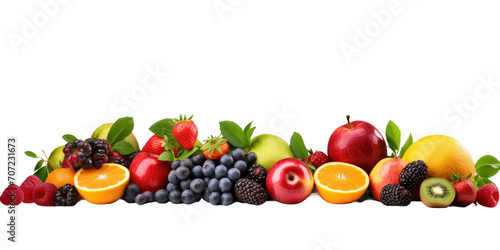 A heaped mountain with fresh fruit of many different varieties  white background  banner