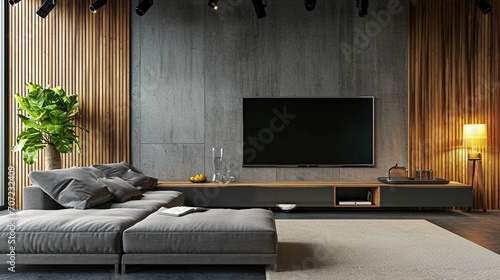 Gray sofa near wooden paneling wall and tv unit. Loft interior design of modern living room with concrete wall. photo