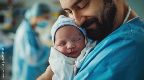 Generative AI, Pediatrician doctor holding a newborn baby in hospital, concept of childbirth and healthcare professionals	 photo