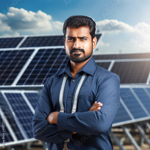 Confident engineer standing on solar panel background