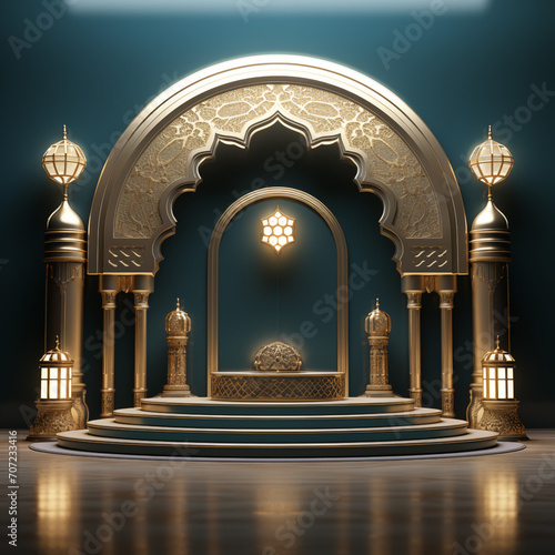3D luxurious and elegant Islamic-themed podium. Luxury Ramadan podium for display product  presentation  stage  base 