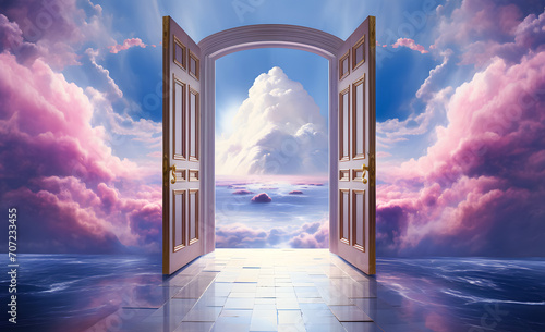 An open door leading to heaven, surrounded by clouds and radiant light, symbolizing hope and serenity. Ideal for spiritual, fantasy, and inspirational themes