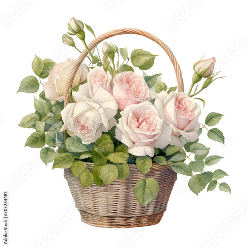 Vintage Rose Basket Watercolor Clipart, Classic Rose Illustration, Valentine Rose PNG  © SASINA N.