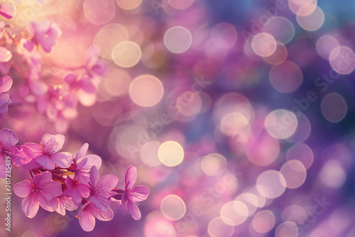 Cherry, sakura, apple or almond flowers against a background of blurred garden and sunny colors. Spring and summer background with place for text, copyspace