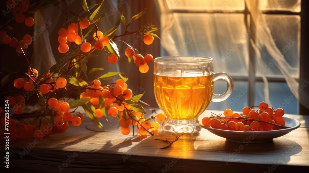 Sea buckthorn tea in a transparent glass teapot and cups with fresh berries and sea buckthorn leaves. Herbal vitamin tea. Soft sunlight. Sea buckthorn tea in a transparent glass teapot and cups with fresh berries and sea buckthorn leaves. Herbal vitamin tea. Soft sunlight.