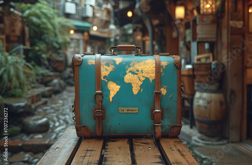 Vintage suitcase with world map design on a wooden bridge in a rustic alley, symbolizing travel and adventure.