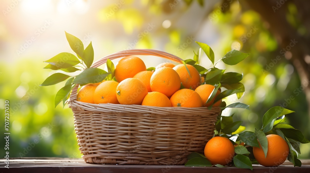 Organic ripe orange tangerine crop or citrus harvest in basket on wood against sunny garden background.