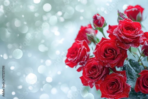 Fresh Red Roses with Dew Drops  Romantic Floral Background