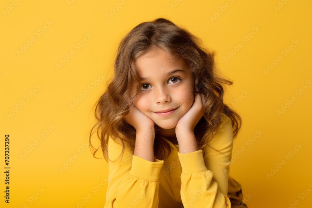 Portrait of a cute little girl with long curly hair on a yellow background. Portrait of a cute little girl with long curly hair on a yellow background.