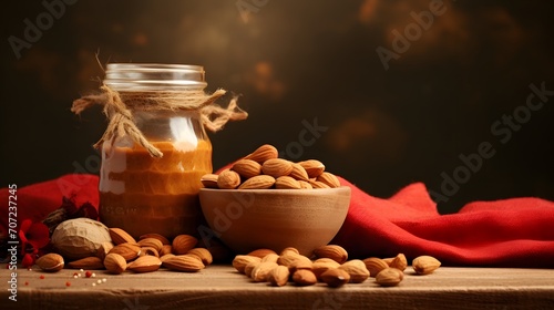 Peanut butter jar and heap of nuts on vintage background.

