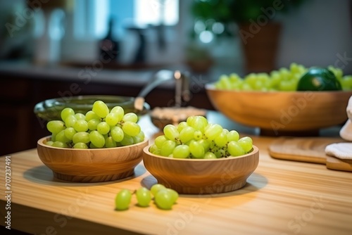 Fresh green grapes in wooden bowl