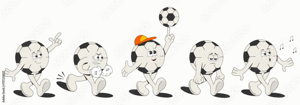large set of football mascots isolated on a white background. A soccer ball with different emotions and poses: cheerful, singing, running, sad. Vector illustration of a comic character in retro style large set of football mascots isolated on a white background. A soccer ball with different emotions and poses: cheerful, singing, running, sad. Vector illustration of a comic character in retro style