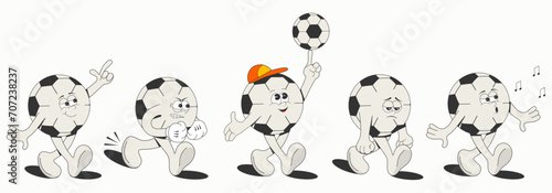 large set of football mascots isolated on a white background. A soccer ball with different emotions and poses: cheerful, singing, running, sad. Vector illustration of a comic character in retro style