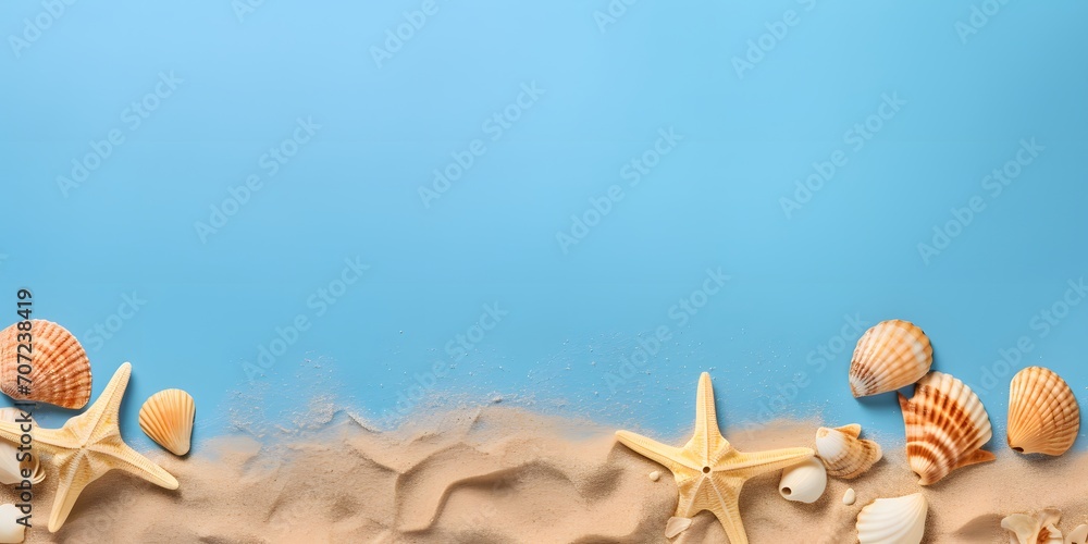 Seashell, starfish and beach sand on blue background. Summer holiday concept. Top view and flat lay.