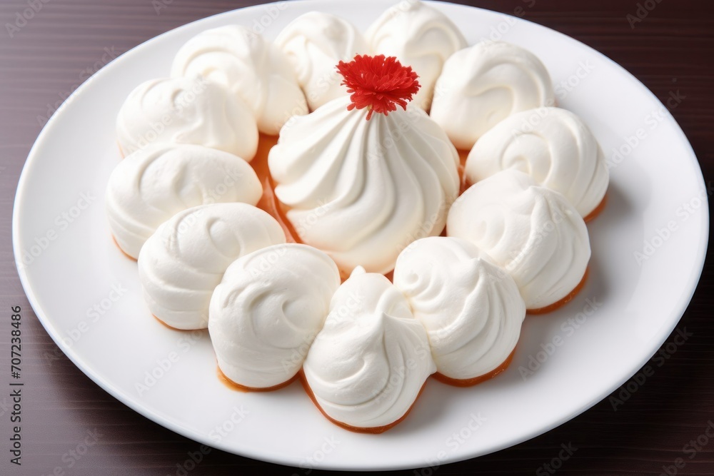 French Meringue on white plate. Delicious sweet white marshmallow on a dark concrete background. Healthy sweets for the dinner table French Meringue on white plate. Delicious sweet white marshmallow on a dark concrete background. Healthy sweets for the dinner table