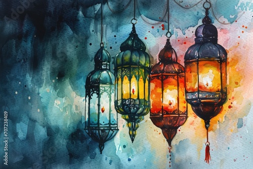 Islamic greeting eid mubarak lantern illustration ramadan kareem beautiful ornament background