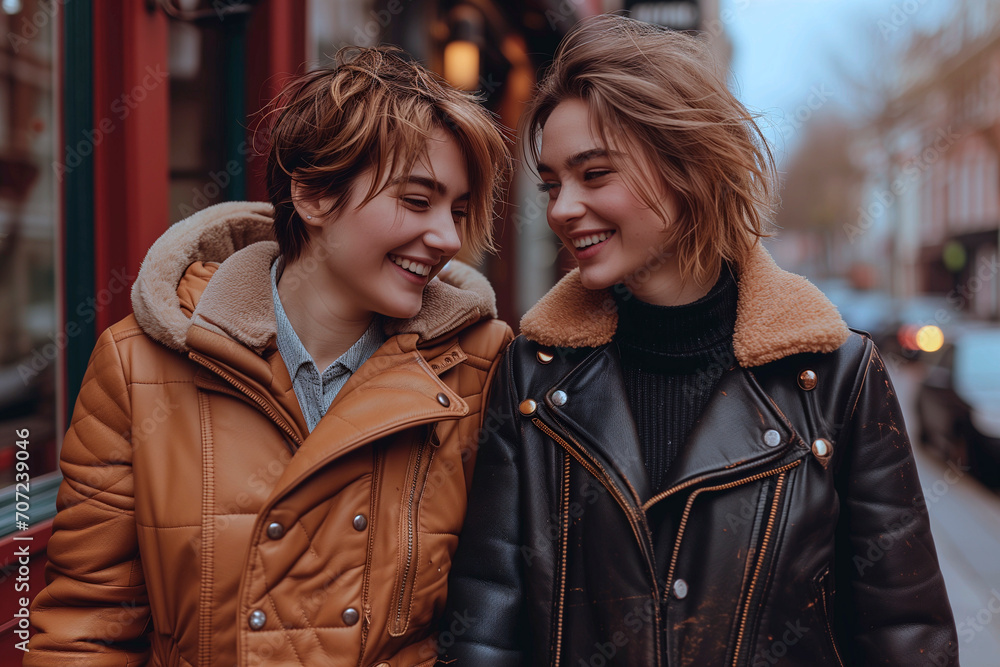 Two young women, a lesbian couple, sharing an intimate laugh together on a city street, showcasing love and connection Two young women, a lesbian couple, sharing an intimate laugh together on a city street, showcasing love and connection