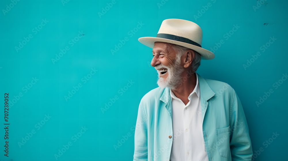 stylish senior man wearing hat against turquoise wall - cheerful elderly male laughing stylish senior man wearing hat against turquoise wall - cheerful elderly male laughing