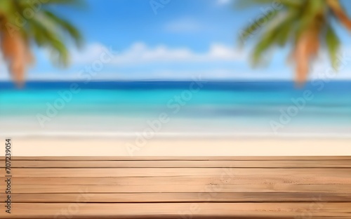 Empty wooden table with blurry beach background