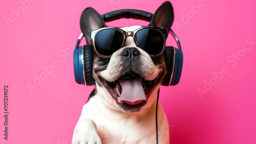 french bulldog with headphones and sunglasses loves music pink backdrop photo