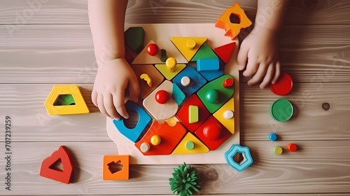 oddler activity for motor and sensory development. Baby hands with colorful wooden toys on table top view.
