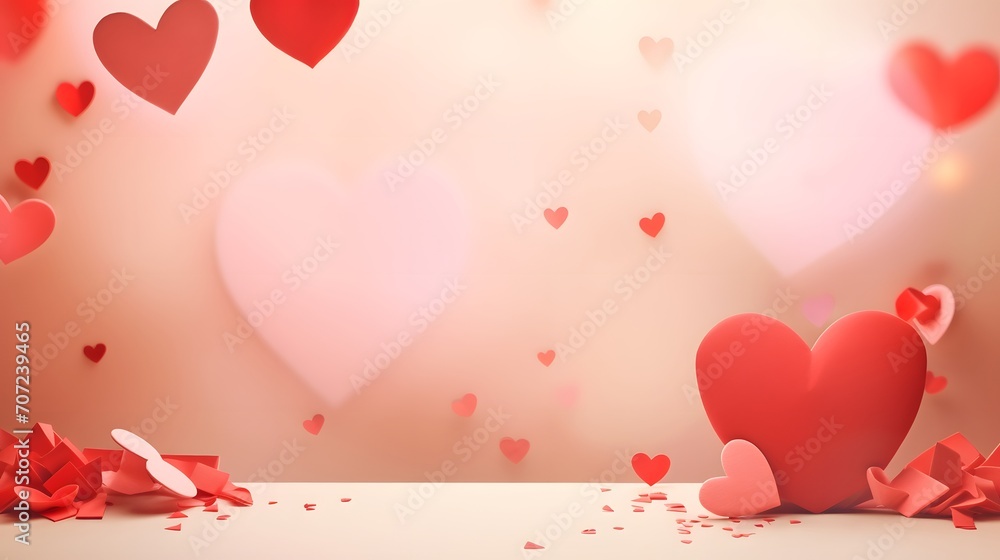 Valentine day holiday background with gift, envelope, paper card and various red hearts for love romantic message. 