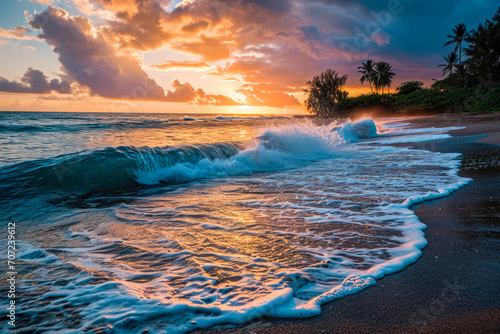 serene beach at sunset, with gentle waves crashing against the shore and a colorful sky painted with hues of orange, pink, and purple