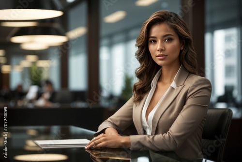 portrait of a businesswoman, Portrait of happy woman looks in camera. Beautiful business woman professional in a suit at office background