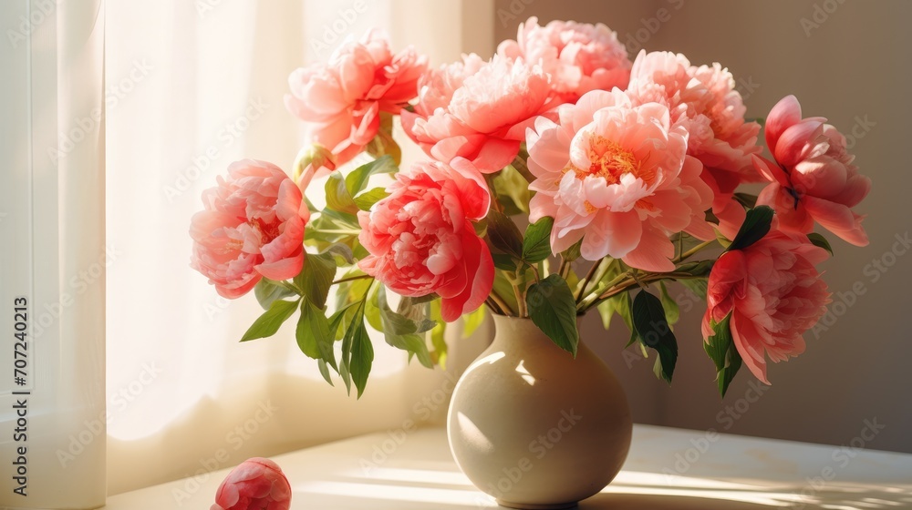 A bouquet of pink peonies in a vase on the windowsill for congratulations on Mother's Day, Valentine's Day, Women's Day. Romantic background and greeting card. A bouquet of pink peonies in a vase on the windowsill for congratulations on Mother's Day, Valentine's Day, Women's Day. Romantic background and greeting card.