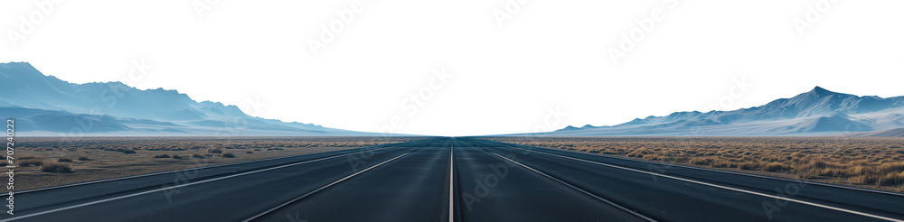 Daytime Highway. Mountain range. 1st person point of view. Extra wide panoramic angle view. Premium pen tool cutout transparent background PNG.