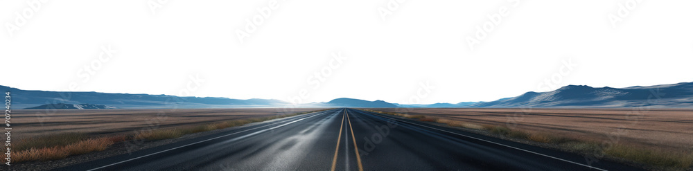 Vast double lane highway. Sunny. Daytime. Nobody on the street. Vast panoramic wide angle. Hills and mountains in the distance. Premium pen tool cutout transparent background PNG.