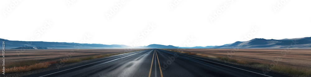 Fototapeta premium Vast double lane highway. Sunny. Daytime. Nobody on the street. Vast panoramic wide angle. Hills and mountains in the distance. Premium pen tool cutout transparent background PNG.
