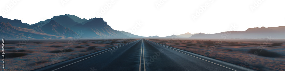 Early morning empty highway. Misty and foggy mood. Mountains and hills in the horizon panoramic line. Deserted in solitude. Premium pen tool cutout transparent background PNG.