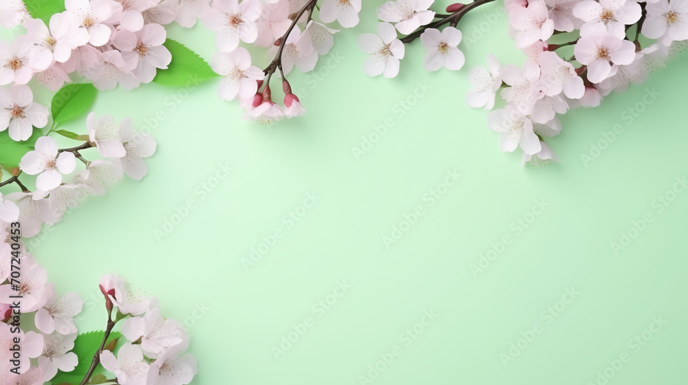 Banner with flowers on green background. Greeting card template for Wedding, mothers or woman's day. Springtime composition with copy space. Flat lay style