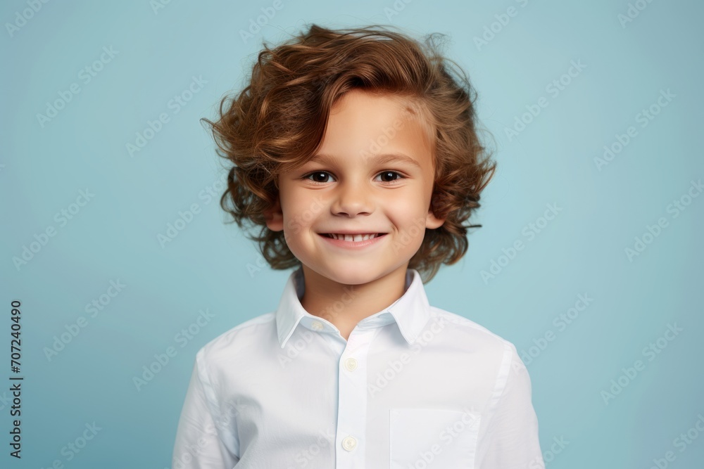 Portrait of a smiling little boy in a white shirt on a blue background Portrait of a smiling little boy in a white shirt on a blue background
